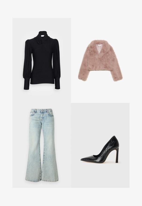 Pink faux fur cropped jacket with a shawl collar, long sleeves, and soft texture. Lined interior with minimal detailing.; Black long-sleeve top with a high neck, featuring gathered shoulders and fitted sleeves. Made from a smooth, stretchy material.; Light blue flared jeans made from denim, featuring a high waist, pockets, and frayed hems. The fabric displays a faded wash and subtle texture.; Black pointed-toe high heel shoe with a crocodile-skin texture, featuring a sleek design, high stiletto heel, and smooth black interior.