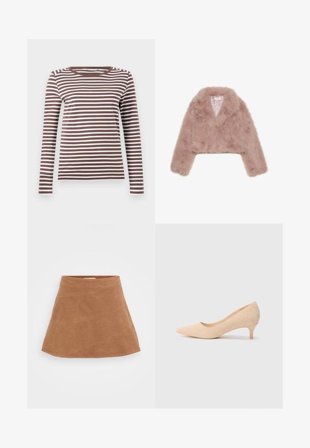 Rosa kunstpels kort jakke med sjalkrage, lange ermer og myk tekstur. Fôret innvendig med minimal detaljering.; Brun og hvit stripete langermet T-skjorte med rund hals og en tettsittende silhuett. Myk stoff med en jevn tekstur.; Brun kordfløyel mini skjørt med en utsvingt design, med skrå sømmer og en glatt tekstur. Flatt liv på toppen.; Beige semsket høyhælte pumps med spiss tå og en slank 2-tommers hæl. Glatt tekstur med minimal detaljering på overflaten.