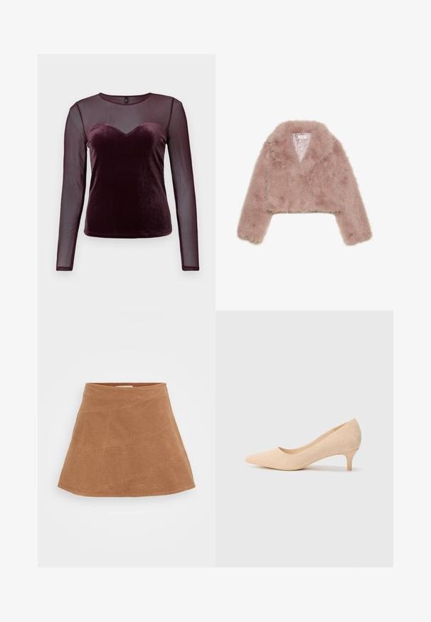 Giacca cropped in pelliccia sintetica rosa con colletto a scialle, maniche lunghe e texture morbida. Interno foderato con dettagli minimi.; Top bordeaux a maniche lunghe con corpetto in velluto, scollatura a cuore e maniche in tulle trasparente, texture liscia e design aderente.; Gonna mini in corduroy marrone con design svasato, caratterizzata da cuciture diagonali e una texture liscia. Vita piatta nella parte superiore.; Décolleté beige in suede con punta affusolata e tacco sottile di 5 cm. Texture liscia con dettagli minimi sulla superficie superiore.