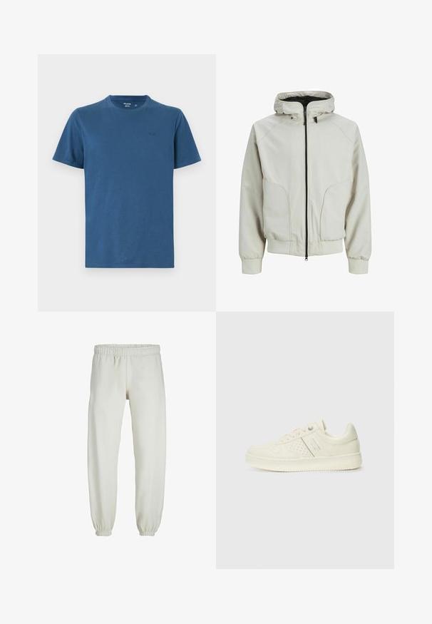 Ljust beige jacka med dragkedja fram, huva och elastiska ärmslut. Har sidofickor och en mjuk, matt yta.; Kortärmad T-shirt med rund hals i enfärgad blå bomullstyg, med en liten logotyp i en mörkare nyans på den övre vänstra bröstet.; Vita sweatpants gjorda av mjukt tyg, med elastisk midja och muddar, samt en slät textur och lös passform.; Krämfärgad sneaker med perforerade detaljer, snören och logotyp på sidan, visad mot en enkel vit bakgrund.