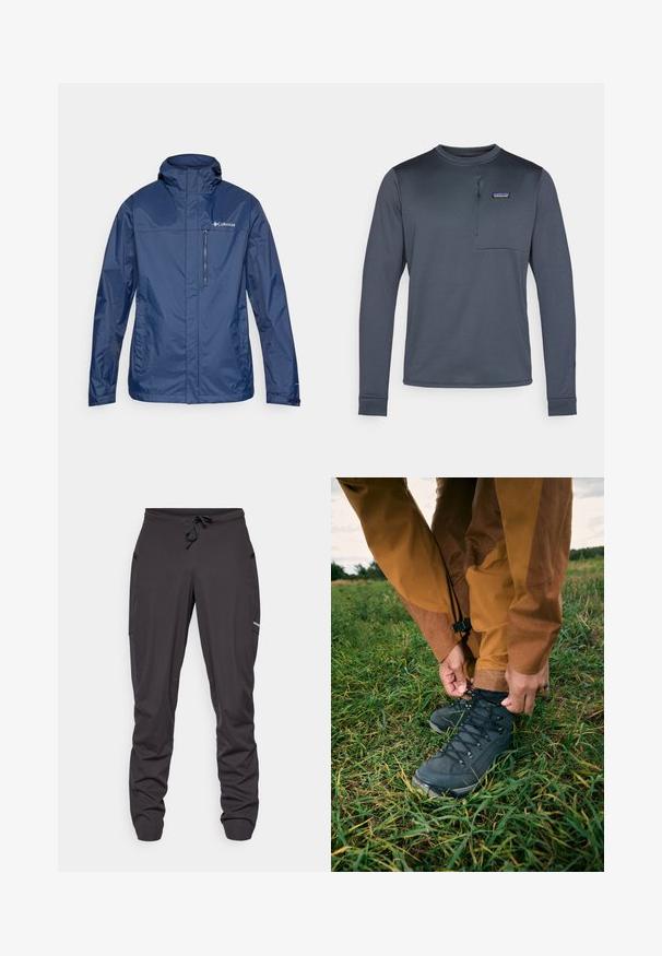 Marineblaue, wasserdichte Jacke mit hohem Kragen, Reißverschlusstasche auf der Brust und strukturiertem Stoff. Mit Logo auf der linken Seite.; Langärmliges, marineblaues Synthetikshirt mit rundem Kragen, Brusttasche und halber Reißverschluss. Glatte Textur und taillierte Passform.; Schwarze Sporthose mit Kordelzug, seitlichen Taschen, leicht zerknittertem Stoff und einem kleinen sichtbaren Logo auf dem rechten Oberschenkel.; Schwarze Wanderschuhe mit strukturierten Obermaterialien und Schnürsenkeln, getragen mit braunen wasserdichten Hosen, auf grünem Gras unter einem bewölkten Himmel.