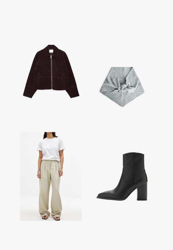 Bruine suède cropped jas met een kraag, voorkant met ritssluiting en zijzakken. Heeft een zachte textuur en wijde mouwen.; Grijze fuzzy trui met hoge hals, gelaagd over een semi-doorzichtige rok in gedempte tinten, gecombineerd met zwarte loafers en een taupe tas.; Beige wijde pantalons met voorplooien en een gladde textuur, gecombineerd met een aansluitend wit katoenen t-shirt. Zwarte flip-flops maken de look compleet.; Zwarte leren enkelboot met een spitse neus en gestructureerde blokhak, voorzien van een gladde textuur en minimale stikdetails.; Grijze gebreide haarband met een knoopdetail in het midden. Heeft een zachte, gestructureerde stof, gevormd in een driehoekig ontwerp.