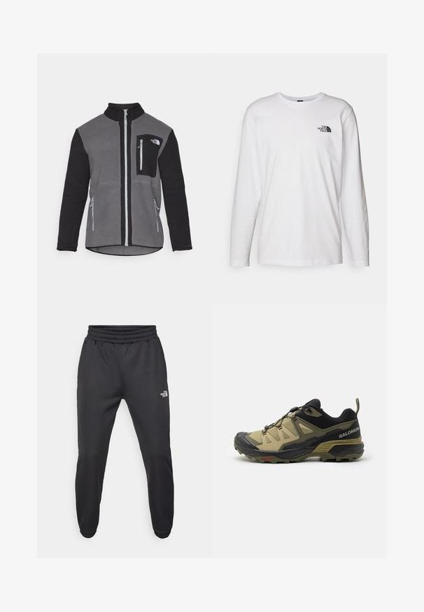 Giacca in fleece grigia e nera, con colletto alto, tasche con zip e tasca sul petto con logo. Tessuto morbido e strutturato.; T-shirt bianco a maniche lunghe in cotone con colletto rotondo. Presenta un piccolo logo nero sul petto. Texture liscia, vestibilità regolare.; Pantaloni sportivi neri con vita regolabile tramitecordino, vestibilità affusolata, polsini elasticizzati e un piccolo logo bianco sulla coscia sinistra, realizzati in tessuto morbido.; Scarpe da trail running Salomon in khaki e nero. Presentano una tomaia in mesh testurizzato, un coprirenato protettivo, una suola ammortizzata e un sistema di allacciatura regolabile.