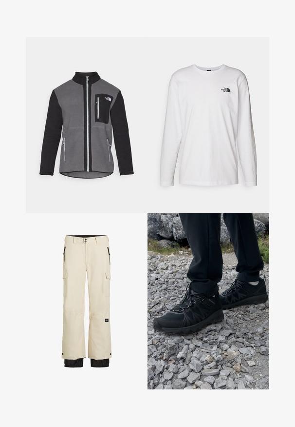 Fleece jacket in gray and black, featuring a high collar, zippered pockets, and a chest pocket with a logo. Soft, textured fabric.; White long-sleeve T-shirt made of cotton with a crew neck. Features a small black logo on the chest. Smooth texture, regular fit.; Beige cargo pants with a black lower section, featuring elastic cuffs, multiple pockets, and a zip closure. Made of durable, water-resistant material.; Black outdoor shoes with mesh and synthetic material, featuring a textured upper, secured lacing system, and a rugged outsole, on rocky terrain.
