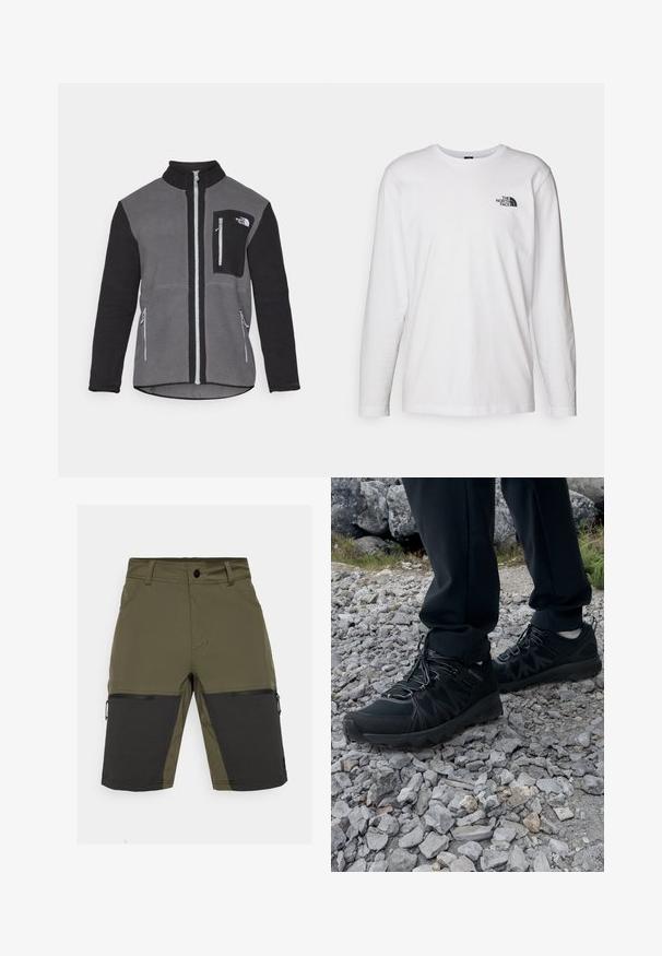 Giacca in fleece grigia e nera, con colletto alto, tasche con zip e tasca sul petto con logo. Tessuto morbido e strutturato.; T-shirt bianco a maniche lunghe in cotone con colletto rotondo. Presenta un piccolo logo nero sul petto. Texture liscia, vestibilità regolare.; Pantaloni corti verdi oliva con dettagli neri, dotati di tasca con zip e texture liscia. Progettati con un taglio dritto e materiale resistente.; Scarpe da esterni nere realizzate in mesh e materiale sintetico, con una parte superiore testurizzata, un sistema di allacciatura sicuro e una suola robusta, su terreno roccioso.