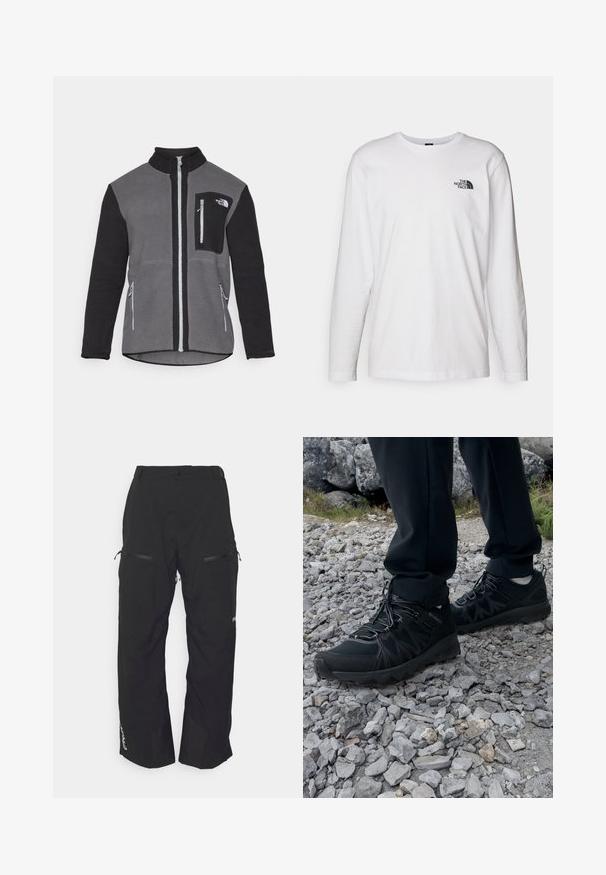 Veste en polaire grise et noire, dotée d'un col haut, de poches zippées et d'une poche poitrine avec un logo. Tissu doux et texturé.; T-shirt blanc à manches longues en coton avec un col rond. Présente un petit logo noir sur la poitrine. Texture lisse, coupe régulière.; Oakley TNP LINED SHELL PANT 2.0 - Pantalons de snowboard - blackout; Chaussures d'extérieur noires en matériau synthétique et en maille, présentant une tige texturée, un système de lacets sécurisé et une semelle extérieure robuste, sur un terrain rocailleux.