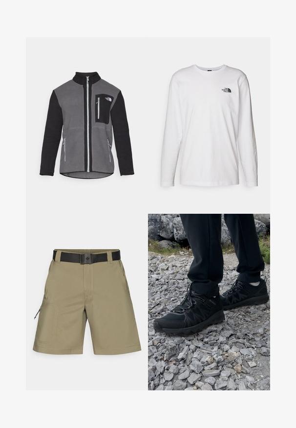 Harmaa ja musta fleece-takki, jossa on korkea kaulus, vetskareilla varustetut taskut ja rinnassa logo-tasku. Pehmeä, teksturoitu kangas.; Valkoinen pitkähihaisen T-paita, joka on valmistettu puuvillasta ja jossa on pyöreä kaula-aukko. Rintamuksessa on pieni musta logo. Sileä kangas, normaali malli.; Vaalean khaki-väriset cargo-shortsit, joissa on musta säädettävä vyö, sivutaskut ja vetoketjullinen tasku, valmistettu sileästä ja kestävästä kankaasta.; Mustat ulkokengät, joissa on verkko- ja synteettinen materiaali, teksturoitu päällinen, varma nauhoitusjärjestelmä ja kestävä pohja kivikkoisella maastolla.