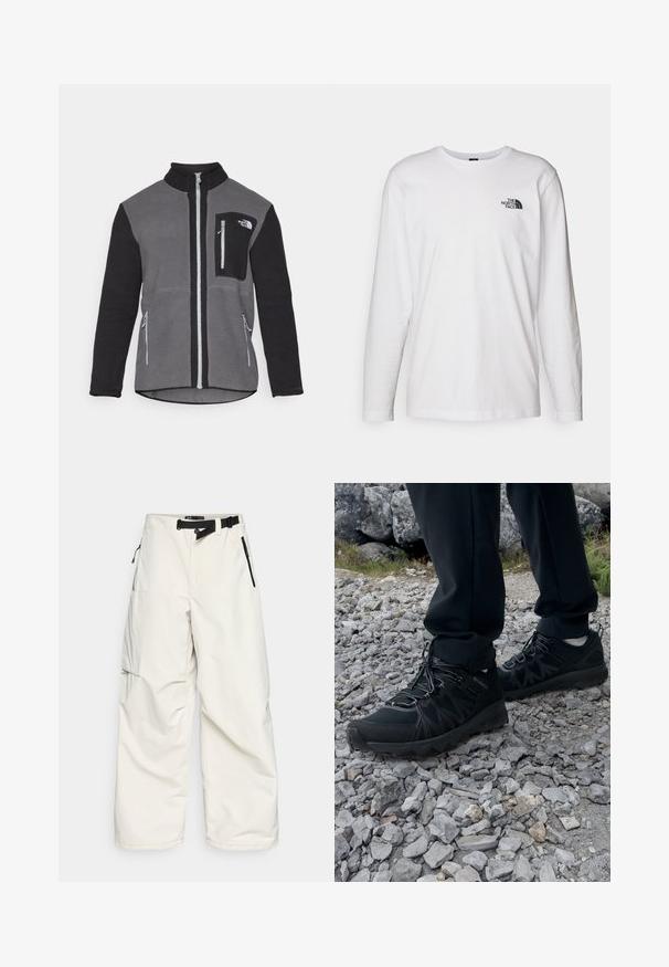 Chaqueta de forro polar en gris y negro, con un collar alto, bolsillos con cremallera y un bolsillo en el pecho con un logo. Tejido suave y texturizado.; Camiseta de manga larga blanca de algodón con cuello redondo. Presenta un pequeño logotipo negro en el pecho. Textura suave, corte regular.; Pantalones cargo blancos hechos de un tejido resistente al agua, con un cinturón en la cintura, bolsillos laterales con cremalleras y un diseño suelto y de pierna ancha.; Zapatos exteriores negros con malla y material sintético, que presentan un upper texturizado, un sistema de cordones seguro y una suela robusta, sobre terreno rocoso.