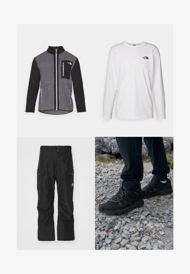 Harmaa ja musta fleece-takki, jossa on korkea kaulus, vetskareilla varustetut taskut ja rinnassa logo-tasku. Pehmeä, teksturoitu kangas.; Valkoinen pitkähihaisen T-paita, joka on valmistettu puuvillasta ja jossa on pyöreä kaula-aukko. Rintamuksessa on pieni musta logo. Sileä kangas, normaali malli.; Musta cargo-housut, jotka on valmistettu vedenpitävästä materiaalista. Housuissa on kaksi sivutaskua, vahvistettu alaosa ja napitus vyötäröllä.; Mustat ulkokengät, joissa on verkko- ja synteettinen materiaali, teksturoitu päällinen, varma nauhoitusjärjestelmä ja kestävä pohja kivikkoisella maastolla.