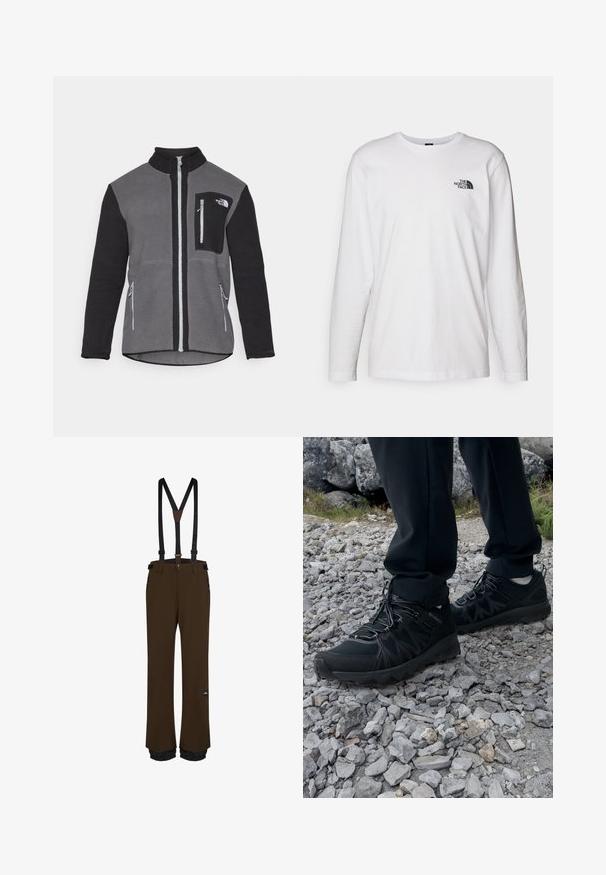 Harmaa ja musta fleece-takki, jossa on korkea kaulus, vetskareilla varustetut taskut ja rinnassa logo-tasku. Pehmeä, teksturoitu kangas.; Valkoinen pitkähihaisen T-paita, joka on valmistettu puuvillasta ja jossa on pyöreä kaula-aukko. Rintamuksessa on pieni musta logo. Sileä kangas, normaali malli.; Ruskeat lumilautahousut, joissa on säädettävät mustat olkaimet, vetoketjulliset taskut, vahvistetut lahkeet ja logo-patch reidessä.; Mustat ulkokengät, joissa on verkko- ja synteettinen materiaali, teksturoitu päällinen, varma nauhoitusjärjestelmä ja kestävä pohja kivikkoisella maastolla.