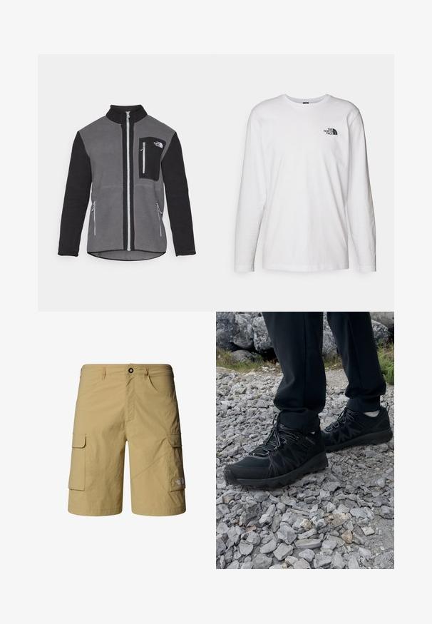 Giacca in fleece grigia e nera, con colletto alto, tasche con zip e tasca sul petto con logo. Tessuto morbido e strutturato.; T-shirt bianco a maniche lunghe in cotone con colletto rotondo. Presenta un piccolo logo nero sul petto. Texture liscia, vestibilità regolare.; Pantaloni cargo beige realizzati in tessuto leggero, dotati di due tasche laterali e due tasche cargo. Include una chiusura con bottone e passanti per cintura.; Scarpe da esterni nere realizzate in mesh e materiale sintetico, con una parte superiore testurizzata, un sistema di allacciatura sicuro e una suola robusta, su terreno roccioso.