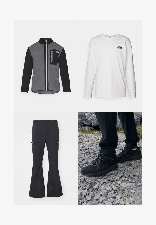 Harmaa ja musta fleece-takki, jossa on korkea kaulus, vetskareilla varustetut taskut ja rinnassa logo-tasku. Pehmeä, teksturoitu kangas.; Valkoinen pitkähihaisen T-paita, joka on valmistettu puuvillasta ja jossa on pyöreä kaula-aukko. Rintamuksessa on pieni musta logo. Sileä kangas, normaali malli.; Mustat hiihtohousut, joissa on levenevä malli, vetoketjulliset taskut ja säädettävä vyötärö. Valmistettu vesitiiviistä materiaalista, jolla on sileä rakenne.; Mustat ulkokengät, joissa on verkko- ja synteettinen materiaali, teksturoitu päällinen, varma nauhoitusjärjestelmä ja kestävä pohja kivikkoisella maastolla.