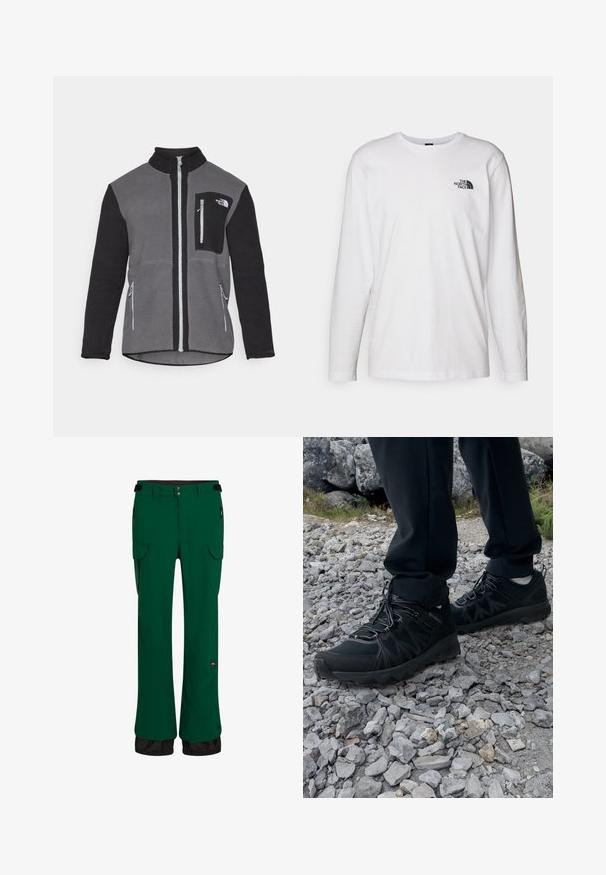 Fleecová bunda v šedé a černé barvě, s vysokým límcem, zipovými kapsami a náprsní kapsou s logem. Měkká, texturovaná látka.; Bílý dlouhý rukáv tričko vyrobené z bavlny s kulatým výstřihem. Na hrudi se nachází malé černé logo. Hladká textura, běžný střih.; Zelené voděodolné kalhoty se rovním střihem, elastickým pasem, cargo kapsami, bočními kapsami na zip a černým dolním lemem.; Černé venkovní boty z prodyšného a syntetického materiálu, s texturovaným svrškem, bezpečným šněrovacím systémem a robustní podrážkou, na skalnatém terénu.
