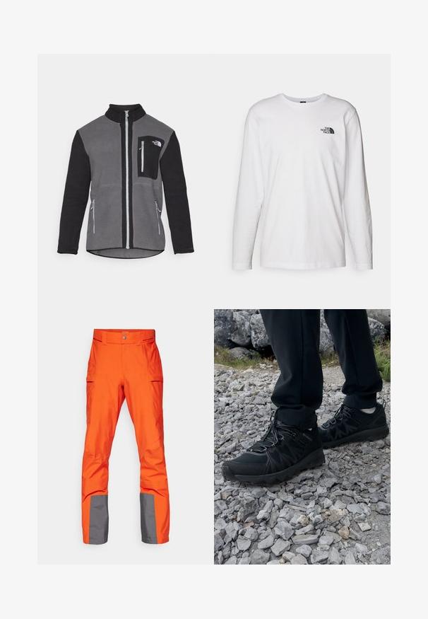 Giacca in fleece grigia e nera, con colletto alto, tasche con zip e tasca sul petto con logo. Tessuto morbido e strutturato.; T-shirt bianco a maniche lunghe in cotone con colletto rotondo. Presenta un piccolo logo nero sul petto. Texture liscia, vestibilità regolare.; Pantaloni impermeabili arancioni brillanti con accenti grigi sui polsini, caratterizzati da una vita piatta e diverse tasche laterali. Texture liscia.; Scarpe da esterni nere realizzate in mesh e materiale sintetico, con una parte superiore testurizzata, un sistema di allacciatura sicuro e una suola robusta, su terreno roccioso.