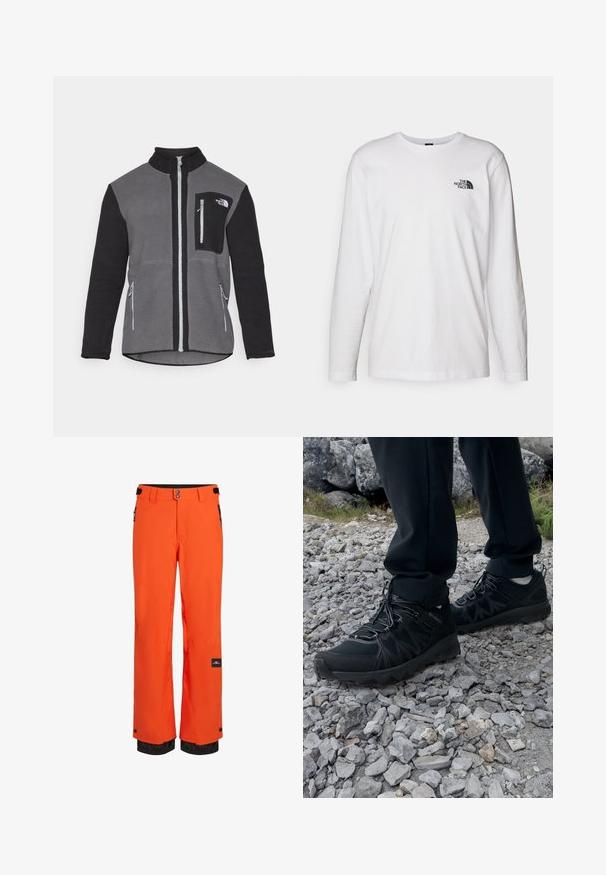 Fleece jacket in gray and black, featuring a high collar, zippered pockets, and a chest pocket with a logo. Soft, textured fabric.; White long-sleeve T-shirt made of cotton with a crew neck. Features a small black logo on the chest. Smooth texture, regular fit.; Bright orange ski pants made of durable fabric, featuring a black waistband, adjustable fasteners, and zippered pockets with elastic cuffs.; Black outdoor shoes with mesh and synthetic material, featuring a textured upper, secured lacing system, and a rugged outsole, on rocky terrain.