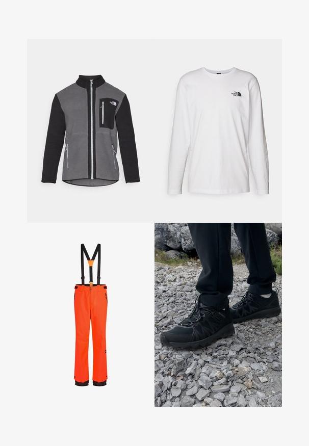 Kurtka polarowa w kolorze szarym i czarnym, z wysokim kołnierzem, zamykanymi na zamek kieszeniami oraz kieszenią na piersi z logo. Miękki, teksturowany materiał.; Biała koszulka z długim rękawem wykonana z bawełny, z okrągłym dekoltem. Posiada małe czarne logo na piersi. Gładka faktura, regularny krój.; Pomarańczowe wodoodporne spodnie narciarskie z regulowanymi czarnymi szelkami, kieszeniami na zamek i czarnymi akcentami u dołu nogawek. Trwały materiał, prosty fason nogawek.; Czarne buty outdoorowe wykonane z siateczki i materiału syntetycznego, z fakturowaną cholewką, zabezpieczonym systemem sznurowania i solidną podeszwą, na skalistym terenie.