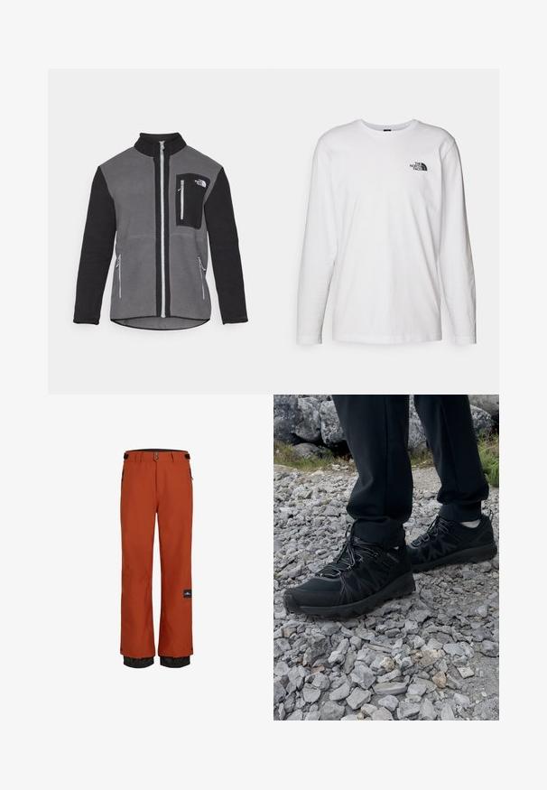 Fleece jack in grijs en zwart, met een hoge kraag, ritszakken en een borstzak met een logo. Zacht, gestructureerd materiaal.; Witte lange mouwen T-shirt gemaakt van katoen met een ronde hals. Beschikt over een klein zwart logo op de borst. Soepele textuur, normale pasvorm.; Oranje waterdichte skibroek met een zwarte verstelbare tailleband, zijzakken en elastische manchetten voor temperatuurregulering.; Zwarte buitenschoenen van mesh en synthetisch materiaal, met een gestructureerd bovenwerk, een beveiligd vetersysteem en een robuuste zool, op een ruig terrein.