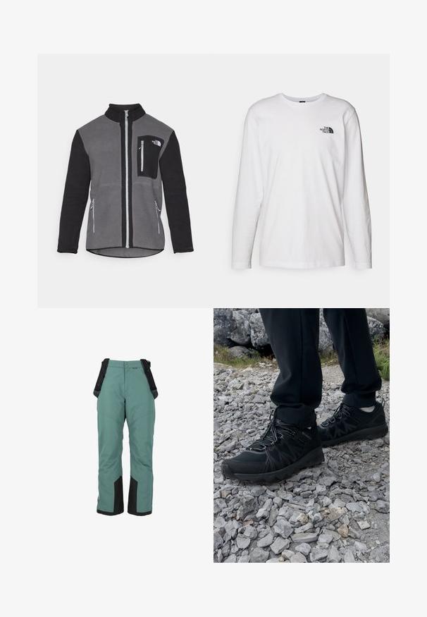 Giacca in fleece grigia e nera, con colletto alto, tasche con zip e tasca sul petto con logo. Tessuto morbido e strutturato.; T-shirt bianco a maniche lunghe in cotone con colletto rotondo. Presenta un piccolo logo nero sul petto. Texture liscia, vestibilità regolare.; Pantaloni da sci impermeabili verdi con bretelle regolabili, dettagli neri all'orlo e vestibilità ampia per facilitare i movimenti. Zone del ginocchio rinforzate.; Scarpe da esterni nere realizzate in mesh e materiale sintetico, con una parte superiore testurizzata, un sistema di allacciatura sicuro e una suola robusta, su terreno roccioso.