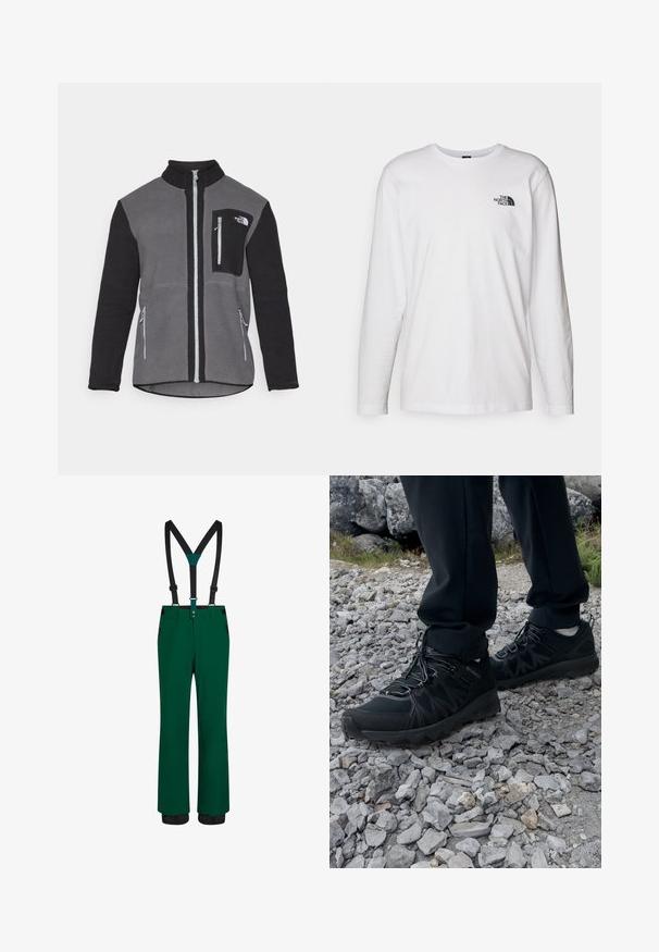 Fleecejakke i grå og sort, der har en høj krave, lynlåslommer og en brystlomme med et logo. Blødt, struktureret stof.; Hvid langærmet T-shirt lavet af bomuld med rund hals. Har et lille sort logo på brystet. Glat tekstur, almindelig pasform.; Grønne skibukser med sorte justerbare seler, lynlåslommer, lige pasform og forstærkede sømme for holdbarhed. Glat tekstur.; Sorte udendørssko med mesh og syntetisk materiale, med en tekstureret overdel, sikre snørebånd og en robust ydersål, på klippelandskab.