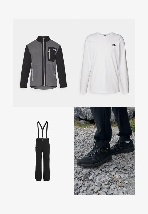 Fleecová bunda v šedé a černé barvě, s vysokým límcem, zipovými kapsami a náprsní kapsou s logem. Měkká, texturovaná látka.; Bílý dlouhý rukáv tričko vyrobené z bavlny s kulatým výstřihem. Na hrudi se nachází malé černé logo. Hladká textura, běžný střih.; Černé sněhové kalhoty s nastavitelnými kšírami, předním zipem, bočními zipovými kapsami a elastickými manžetami na spodním okraji pro bezpečné uchycení.; Černé venkovní boty z prodyšného a syntetického materiálu, s texturovaným svrškem, bezpečným šněrovacím systémem a robustní podrážkou, na skalnatém terénu.