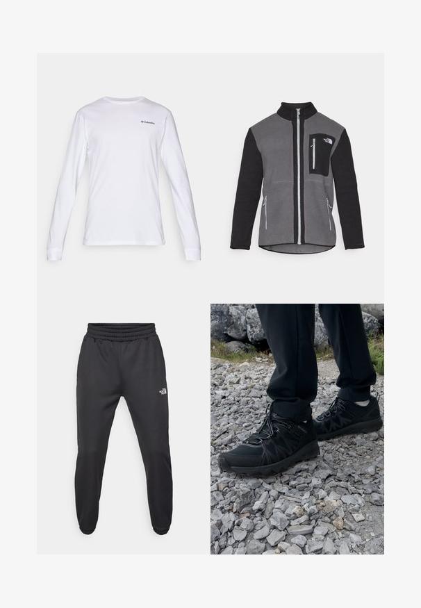 Flis jakna u sivoj i crnoj boji, s visokim ovratnikom, džepovima na zatvarač i džepom na prsima s logom. Mekana, teksturirana tkanina.; Dug kombinacija bijele majice dugih rukava od pamuka, s okruglim izrezom i malim crnim logotipom Columbije na prsima. Mekan materijal, prilagođen kroj.; Crne trenirke s elastičnom trakicom u struku, suženog kroja, elastičnim manžetama i malim bijelim logom na lijevom bedru, izrađene od glatkog materijala.; Crne vanjske cipele s mrežastim i sintetičkim materijalom, s teksturiranim gornjim dijelom, osiguranim sustavom vezanja i čvrstim potplatom, na stjenovitom terenu.