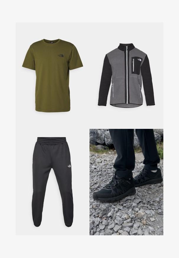 Casaco de fleece em cinza e preto, com gola alta, bolsos com fecho e um bolso no peito com um logo. Tecido macio e texturizado.; T-shirt de algodão verde-oliva com gola redonda, mangas curtas e um pequeno logótipo preto impresso no peito. Textura suave, corte clássico.; Calças de moletão pretas com cintura ajustável por cordão, corte afunilado, punhos elásticos e um pequeno logótipo branco na coxa esquerda, feitas de um tecido suave.; Sapatos pretos para exterior, feitos de material em malha e sintético, com um cabedal texturizado, sistema de atilho seguro e uma sola robusta, sobre terreno rochoso.