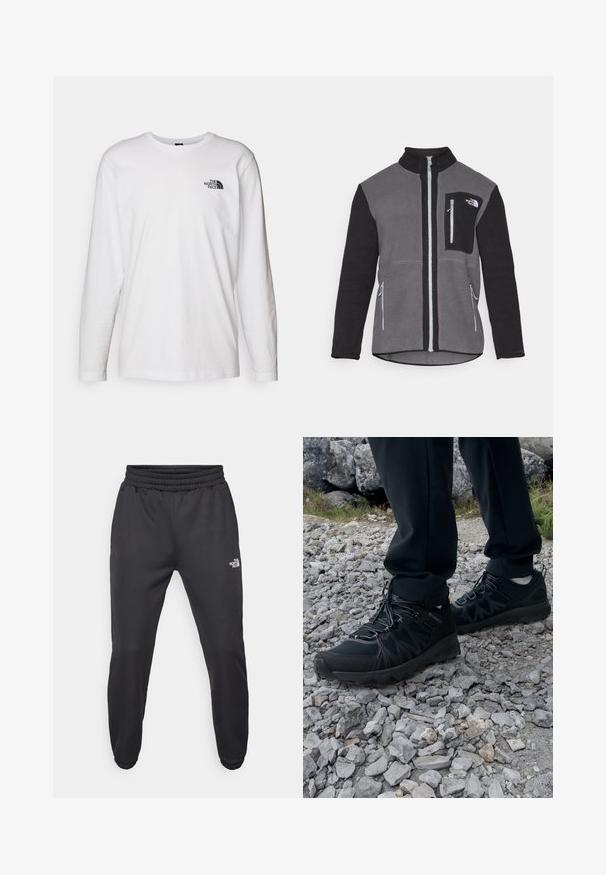 Casaco de fleece em cinza e preto, com gola alta, bolsos com fecho e um bolso no peito com um logo. Tecido macio e texturizado.; T-shirt branco de mangas longas, feito de algodão, com decote redondo. Apresenta um pequeno logótipo preto no peito. Textura suave, corte regular.; Calças de moletão pretas com cintura ajustável por cordão, corte afunilado, punhos elásticos e um pequeno logótipo branco na coxa esquerda, feitas de um tecido suave.; Sapatos pretos para exterior, feitos de material em malha e sintético, com um cabedal texturizado, sistema de atilho seguro e uma sola robusta, sobre terreno rochoso.