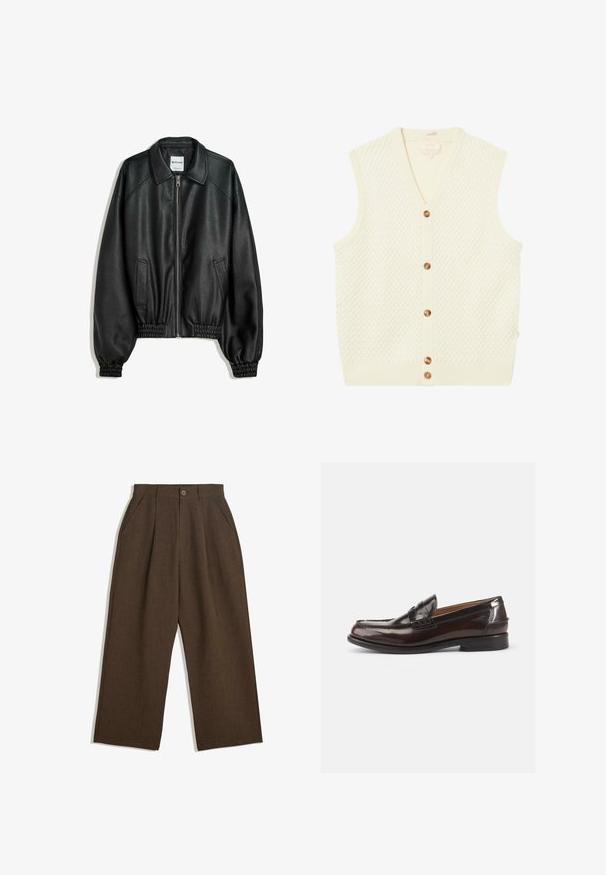 Giacca di pelle nera con zip frontale, tasche laterali e polsini arricciati. Presenta un colletto strutturato e una finitura testurizzata.; Gilet lavorato a maglia color crema con un motivo a rombi testurizzato, scollatura a V, orlo a coste e sette bottoni marroni sul davanti.; Camicia button-up di colore crema chiaro con sottili righe verticali. Presenta un colletto a punta, maniche lunghe e un piccolo logo ricamato sulla tasca del petto.; Pantaloni a pieghe marroni con taglio a gamba larga, dotati di chiusura con bottone e tasche laterali, realizzati in tessuto testurizzato adatto per un abbigliamento casual.; Mocassini in pelle marrone con finitura lucida, design cucito sulla punta e tacco basso. Presente un dettaglio di marchio in rilievo sul lato.