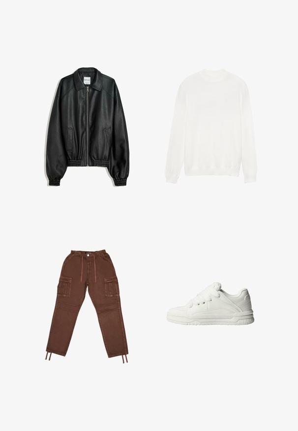 Crna kožna jakna s patentnim zatvaračem sprijeda, bočnim dzepovima i naboranim manžetama. Ima strukturiranu ovratnik i teksturiranu površinu.; Bijeli pleteni pulover s okruglim izrezom, dugim rukavima te rebrastim manžetnama i rubom. Glatka tekstura, minimalistički dizajn.; Smeđe cargo hlače s elastičnim pojasom, dva velika bočna džepa, manžetama s vezicama i glatkom teksturom. Imaju kopčanje na gumb.; Bijele tenisice s glatkom kožnom vanjštinom, mekanim jezikom, ravnim vezicama i teksturiranim detaljima na stranicama i peti.