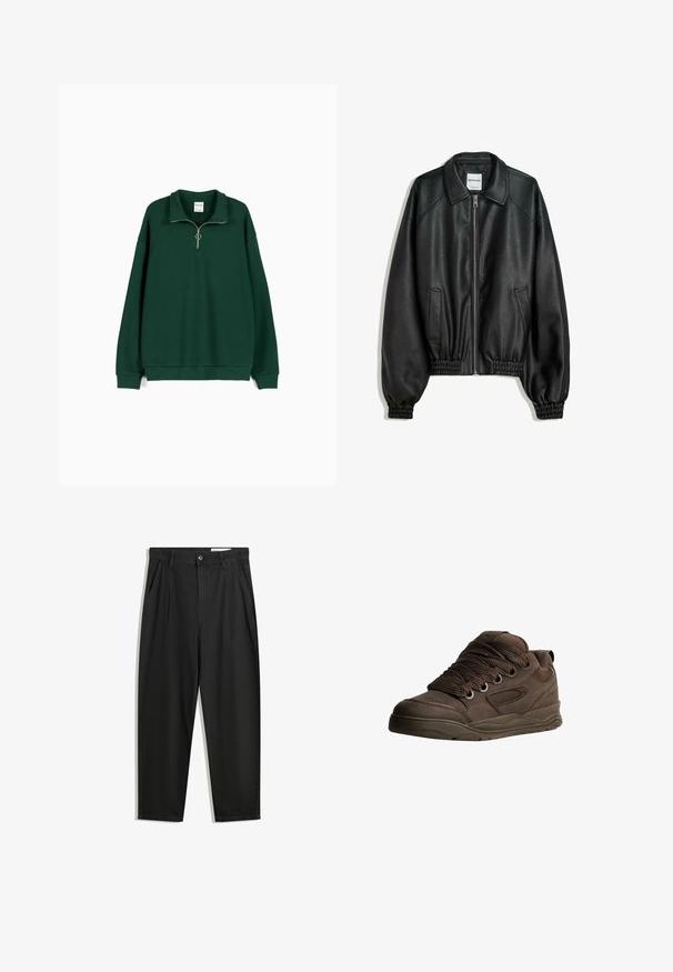 Jachetă din piele neagră, cu fermoar frontal, buzunare laterale și mansete strânse. Dispune de un guler structurat și un finisaj texturat.; Hanorac verde fabricat dintr-un material moale, texturat. Are un guler cu fermoar, mâneci lungi și o croială lejeră, cu tiv ribbotat.; Pantaloni negri din bumbac cu croială lejeră, având un brâu clasic, plii frontale și buzunare laterale. Textură netedă fără modele.; Pantofi sport maro din material sintetic neted. Prezintă șireturi groase, accente din plasă, guler căptușit și talpă din cauciuc texturat.