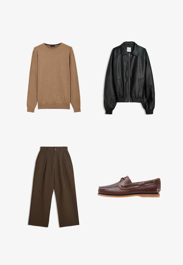Schwarze Lederjacke mit Reißverschluss vorne, seitlichen Taschen und gerafften Bündchen. Sie verfügt über einen strukturierten Kragen und eine strukturierte Oberfläche.; Brauner gestrickter Pullover mit Rundhalsausschnitt, langen Ärmeln und gerippten Bündchen und Saum, der eine glatte Textur und ein lässiges Design aufweist.; Braune Plisseehosen mit weitem Bein, ausgestattet mit einem Knopfverschluss und seitlichen Taschen, aus strukturiertem Stoff, der sich gut für Freizeitkleidung eignet.; Braune Lederbootsschuhe mit weißen Nähten, braunen Schnürsenkeln und einer sandfarbenen Gummisohle. Mit einem Logo an der Seite und Metallösen für die Schnürsenkel.