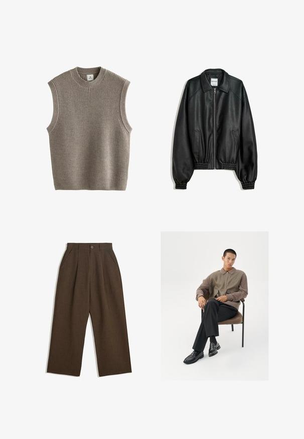 Giacca di pelle nera con zip frontale, tasche laterali e polsini arricciati. Presenta un colletto strutturato e una finitura testurizzata.; Maglione senza maniche beige in maglia con texture a coste, scollo rotondo e aperture laterali. Il tessuto sembra morbido ed elastico.; Camicia button-up di colore crema chiaro con sottili righe verticali. Presenta un colletto a punta, maniche lunghe e un piccolo logo ricamato sulla tasca del petto.; Pantaloni a pieghe marroni con taglio a gamba larga, dotati di chiusura con bottone e tasche laterali, realizzati in tessuto testurizzato adatto per un abbigliamento casual.; Giacca da uomo con zip in tonalità terrose, caratterizzata da un tessuto testurizzato e tasche oversize. Pantaloni neri slim-fit e mocassini neri lucidi.