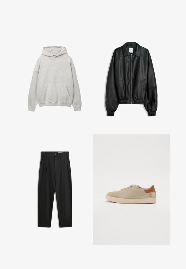 Czarna skórzana kurtka z zamkiem z przodu, kieszeniami po bokach i marszczonymi mankietami. Posiada usztywniony kołnierz i teksturowane wykończenie.; Szara bluza z kapturem wykonana z miękkiego materiału frotte, z dużą kieszenią z przodu, kapturem ze sznurkiem oraz opadającymi ramionami, zapewniającymi luźny krój.; Czarne bawełniane spodnie o luźnym kroju, z klasycznym pasem, przednimi plisy oraz bocznymi kieszeniami. Gładka struktura, bez wzorów.; Beżowe zamszowe trampki z przeszywanym wzorem, jasnoniebieska gumowa podeszwa oraz brązowe skórzane akcenty na pięcie i logo.