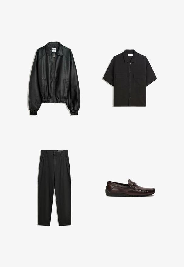 Mustat nahkatakki, jossa on vetoketjukiinnitys edessä, sivutaskut ja gathered-hihansuut. Ominaisuuksiin kuuluu kankainen kaulus ja teksturoitu pinta.; Lyhythihainen musta paita, joka on valmistettu sileästä kankaasta, jossa on kaksi etutaskua, klassinen kaulus ja napitus.; Mustat puuvillahousut rentoa mallia, joissa on klassinen vyötärö, etukangastukset ja sivutaskut. Sileä pinta ilman kuvioita.; Ruske nahkasaapad, joissa on pyöreä kärki, koristeellinen solki ja teksturoitu etuompelu, sekä joustava musta kumipohja.