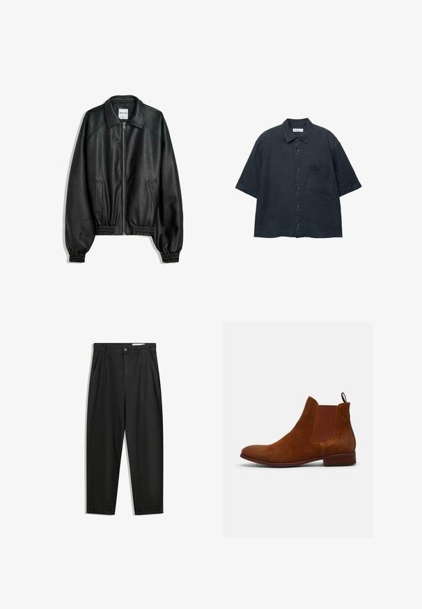 Mustat nahkatakki, jossa on vetoketjukiinnitys edessä, sivutaskut ja gathered-hihansuut. Ominaisuuksiin kuuluu kankainen kaulus ja teksturoitu pinta.; Tummansininen lyhythihainen nappipaita, joka on valmistettu kevyestä kankaasta. Paidassa on rintatasku ja klassinen kaulusk design.; Mustat puuvillahousut rentoa mallia, joissa on klassinen vyötärö, etukangastukset ja sivutaskut. Sileä pinta ilman kuvioita.; Ruskeat mokkanahka chelsea-saappaat, joissa on elastiset sivupaneelit, mantelin muotoinen kärkiosa ja matala pinottu korko. Mukana takana vetonauha.