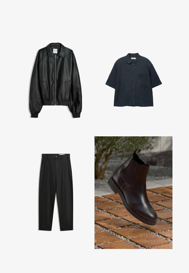 Crna kožna jakna s patentnim zatvaračem sprijeda, bočnim dzepovima i naboranim manžetama. Ima strukturiranu ovratnik i teksturiranu površinu.; Tamno plava košulja kratkih rukava na dugmad od lagane tkanine, s džepom na prsima i klasičnim dizajnom ovratnika.; Crne pamučne hlače s opuštenim krojem, s klasičnim pojasom, prednjim nabranjima i bočnim džepovima. Glatka tekstura bez uzoraka.; Smeđe kožne Chelsea čizme s elastičnim bočnim panelima, petom za povlačenje i glatkom završnom obradom, postavljene na teksturiranu površinu od opeke i šljunka.