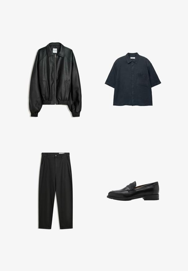 Black leather jacket with a zip front, side pockets, and gathered cuffs. Features a structured collar and textured finish.; Dark blue short-sleeve button-up shirt made of lightweight fabric, featuring a chest pocket and a classic collar design.; Black cotton trousers with a relaxed fit, featuring a classic waistband, front pleats, and side pockets. Smooth texture without patterns.; Black leather loafers with a stitched front and flat heel. Smooth texture with a rounded toe and a decorative strap across the instep.