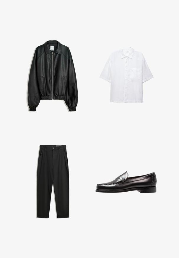 Black leather jacket with a zip front, side pockets, and gathered cuffs. Features a structured collar and textured finish.; White short-sleeve shirt with a button-up front, collar, and a single chest pocket. Made of lightweight fabric with a smooth texture.; Black cotton trousers with a relaxed fit, featuring a classic waistband, front pleats, and side pockets. Smooth texture without patterns.; Black leather penny loafer with a low heel, smooth surface, and decorative stitch detail on the toe. Classic slip-on design.