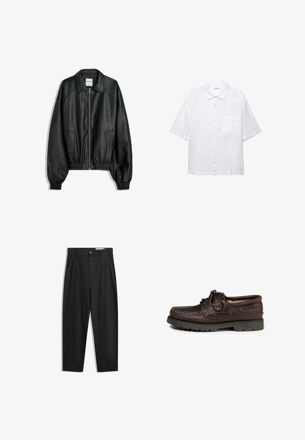 Zwarte leren jas met rits aan de voorkant, zijzakken en verzamelde manchetten. Heeft een gestructureerde kraag en een gestructureerde afwerking.; Witte korte mouwen shirt met een knoopsluiting aan de voorkant, kraag en een enkele borstzak. Gemaakt van lichte stof met een gladde textuur.; Zwarte katoenen broeken met een losse pasvorm, voorzien van een klassieke tailleband, voorplooien en zijzakken. Gladde structuur zonder patronen.; Bruine leren boot schoenen met een ronde neus, stiksels en metalen oogjes voor de veters. Rubberen buitenzool met profiel.