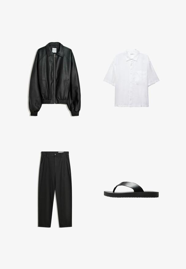 Svart läderjacka med dragkedja framtill, sidofickor och samlade ärmmuddar. Har en strukturerad krage och texturerad yta.; Vit kortärmad skjorta med knappslå framtill, krage och en bröstficka. Tillverkad av lätt tyg med en slät textur.; Svarta bomullsshorts med avslappnad passform, med en klassisk midja, framveck och sidfickor. Slät textur utan mönster.; Svart flip-flop sandal med en platt sula, tillverkad av ett slätt material. Har en minimalistisk design med ett enkelt band och en texturerad undersida.