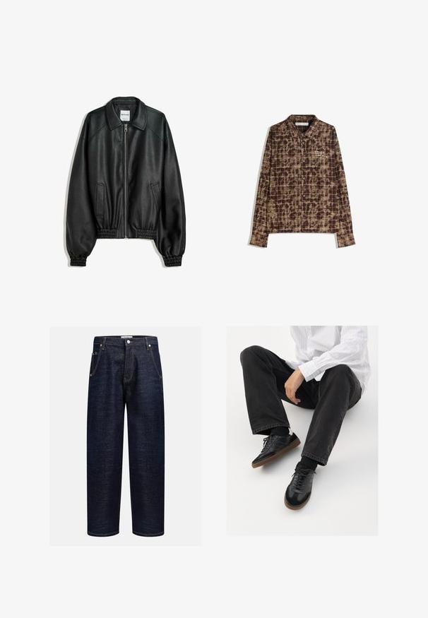 Svart läderjacka med dragkedja framtill, sidofickor och samlade ärmmuddar. Har en strukturerad krage och texturerad yta.; Brun rutigt skjorta i ett strukturerat tyg, med knäppning fram, långa ärmar och en broderad logotyp på bröstet.; Mörka jeans i rak passform, med fem fickor, kopparnitar och kontrasterande sömmar längs kanterna.; Svarta sneakers med en slät och texturerad ovandel, med en gummisula och mörka snören. I kombination med svarta jeans och en vit randig skjorta.