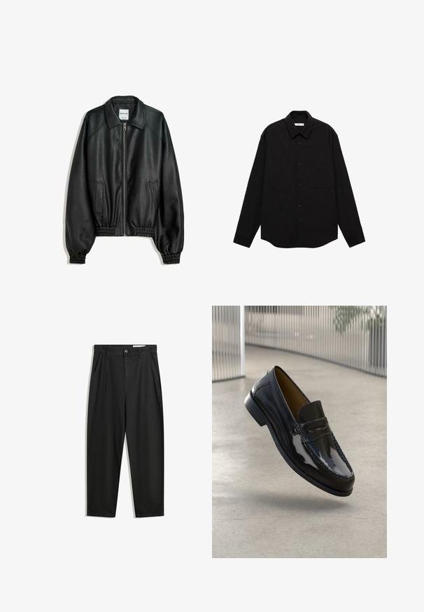 Schwarze Lederjacke mit Reißverschluss vorne, seitlichen Taschen und gerafften Bündchen. Sie verfügt über einen strukturierten Kragen und eine strukturierte Oberfläche.; Schwarz langärmliges Hemd in einer zerknitterten Textur, mit spitzem Kragen, vorderem Knopfverschluss und einer Brusttasche.; Schwarze Baumwollhose mit lockerem Schnitt, ausgestattet mit einem klassischen Bund, vorderen Falten und Seiten taschen. Glatte Textur ohne Muster.; Schwarze Lacklederloafers mit einer gestickten Akzentuierung, runder Zehenpartie, niedrigem Absatz und glatter Oberfläche, vor einem neutralen Hintergrund präsentiert.