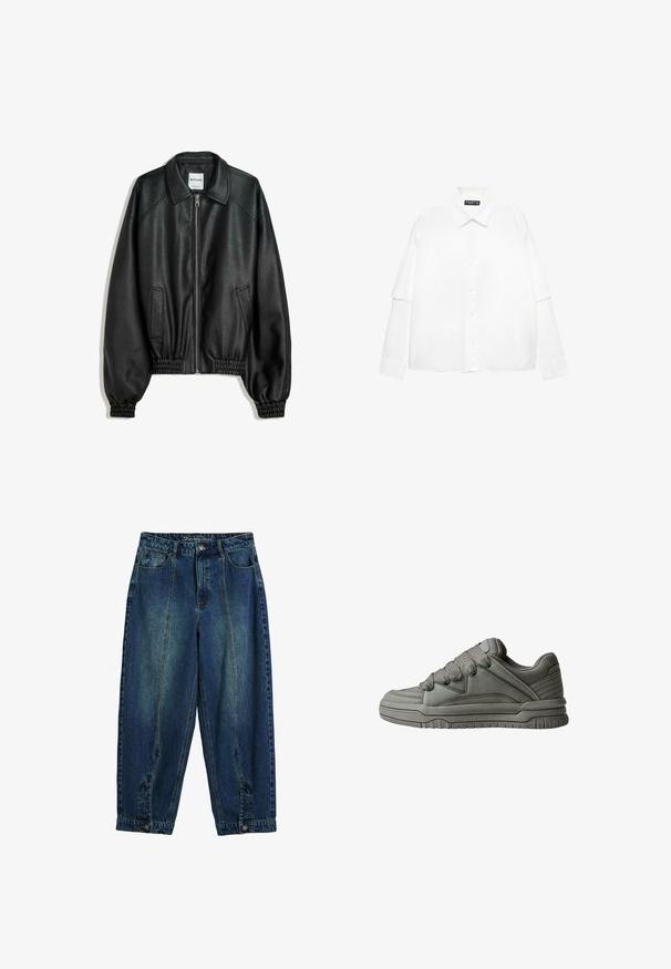 Czarna skórzana kurtka z zamkiem z przodu, kieszeniami po bokach i marszczonymi mankietami. Posiada usztywniony kołnierz i teksturowane wykończenie.; Biała koszula z długim rękawem wykonana z bawełny, z zapięciem na guziki z przodu, z klasycznym kołnierzykiem i oversize'owymi rękawami o luźnym kroju.; Jeans w klasycznym niebieskim wykończeniu, wysoki stan, luźny krój, przednie i tylne kieszenie oraz zapięcie na guzik w pasie.; Szare buty sportowe z teksturowanej skóry i siateczki, gruba gumowa podeszwa oraz wyraźnie wyściełany język i boki. Zawierają sznurowadła i akcenty po bokach.
