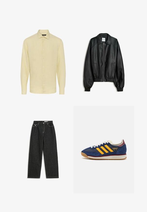Svart läderjacka med dragkedja framtill, sidofickor och samlade ärmmuddar. Har en strukturerad krage och texturerad yta.; Ljusgul linne skjorta med långa ärmar, krage och framknäppning. Har en texturerad tygkvalitet och rak fåll.; Svarta raka jeans med vita sömmar, fem-ficksdesign, knapp- och dragkedjestängning, samt en liten logotyp på den högra framfickan.; Marinblå mockasneakers med gula ränder, vita snören och vinröda accenter. Texturerad sula med skåror för grepp. Märkeslogotyp på sidan.