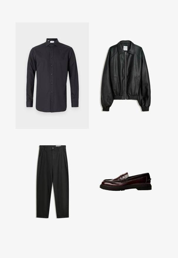 Črna usnjena jakna z zadrgo na sprednjem delu, stranskimi žepi in nabranimi manšeti. Ima strukturiran ovratnik in teksturiran zaključek.; Črna dolgouvratna srajca iz gladkega materiala, z gumbi spredaj, ostro ovratnikom in z gumbi na manšetah.; Črne bombažne hlače s sproščenim krojem, ki vključujejo klasičen pas, sprednje gube in stranske žepke. Gladka tekstura brez vzorcev.; Rjave usnjene loafer čevlje z zaobljenim nosom, podrobnim šivanjem in gumijastim podplatom. Imajo okrasni trak in gladko teksturo.