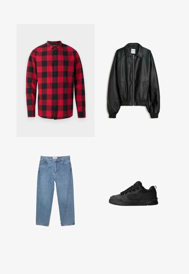 Crna kožna jakna s patentnim zatvaračem sprijeda, bočnim dzepovima i naboranim manžetama. Ima strukturiranu ovratnik i teksturiranu površinu.; Crvena i crna karirana flanel košulja s kopčanjem sprijeda, dugim rukavima i ovratnikom. Ima klasičan tartan uzorak.; Svijetloplave traperice ravnog kroja, s pet džepova i vidljivom oznakom branda na pojasu.; Crne tenisice s teksturiranim gornjim dijelom, sa vezicama, mrežastim detaljima za prozračnost, podstavljenim ovratnikom i čvrstim potplatima.