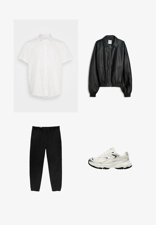 Svart läderjacka med dragkedja framtill, sidofickor och samlade ärmmuddar. Har en strukturerad krage och texturerad yta.; Vit kortärmad skjorta i bomull, med klassisk krage och knäppt framtill med rak nederkant. Slät textur, utan mönster.; Svarta byxor med elastisk midja och dragsko, avsmalnande ben, sidofickor och subtila sidsömsdetaljer. Mjuk bomullstyg.; Vit sneakers med ett mesh-övre, silverdetaljer, svart sula och texturerade paneler. Har snörningsdesign och rund tåform.