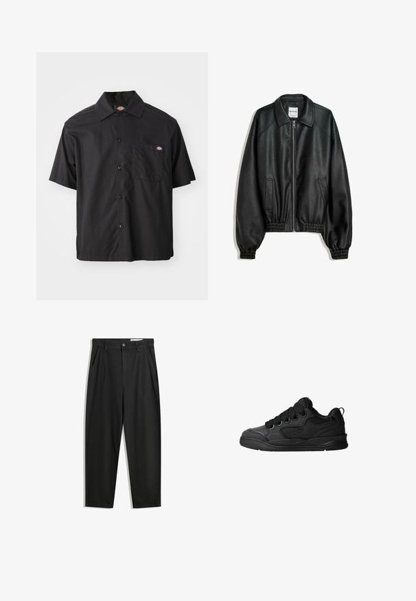 Fekete bőrkabát cipzáros elülső résszel, oldalsó zsebekkel és ráncolt mandzsettákkal. Struktúrált gallérral és texturált felülettel rendelkezik.; Fekete, rövid ujjú, gombos ing, pamutból készült, egyetlen mellzsebbel és logóval ellátva. Sima tapintású és laza szabású.; Fekete pamut nadrág laza szabással, klasszikus derékrésszel, elülső hajtásokkal és oldalsó zsebekkel. Simább textúra minta nélkül.; Fekete sportcipő texturált felsőrésszel, fűzőkkel, légáteresztő hálós részletekkel, párnázott bokarésszel és tartós talppal.