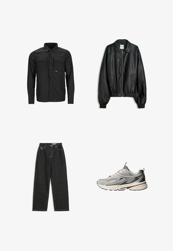 Mustat nahkatakki, jossa on vetoketjukiinnitys edessä, sivutaskut ja gathered-hihansuut. Ominaisuuksiin kuuluu kankainen kaulus ja teksturoitu pinta.; Mustahi shati mweusi wenye mikono mirefu uliofanywa kwa kitambaa chepesi, una mifuko miwili ya kifua, kufunga kwa namba, na muonekano wenye muundo kwenye uso.; Mustat suorat farkut valkoisella ompelella, viisi taskua, nappi- ja vetoketjukiinnitys sekä pieni logo etu-oikeassa taskussa.; Harmaa urheilukengät, joissa on verkko- ja nahkapinta, teksturoidut pinnat, kontrastiväriset mustat ja burgundinväriset yksityiskohdat sekä pehmustettu pohja.