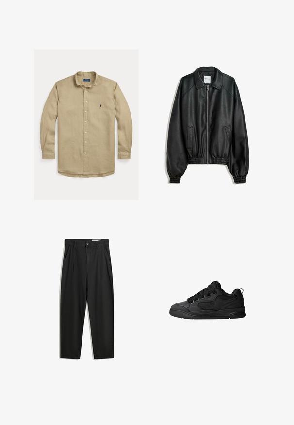 Černá kožená bunda se zipem vpředu, bočními kapsami a nařasenými manžetami. Má strukturovaný límec a texturovaný povrch.; Béžová halenka s dlouhým rukávem vyrobená z lnu, s klasickým límečkem, zapínáním na knoflíky a vyšitým logem na levé hrudi.; Černé bavlněné kalhoty s uvolněným střihem, klasickým pasem, předními záhyby a bočními kapsami. Hladká textura bez vzorů.; Černé tenisky s texturovaným svrškem, obsahující šněrování, síťované detaily pro prodyšnost, polstrovaný límec a pevnou podrážku.